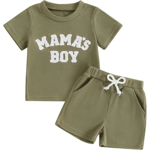 Kupretty Toddler Baby Boy Summer Clothes Embroiderey Waffle Knit Short Sleeve T-Shirt Tees + Casual Shorts Cute Clothing Set