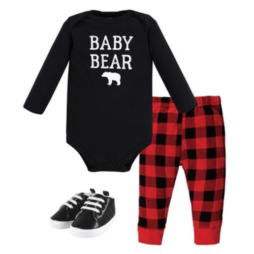 Hudson Baby Infant Unisex Baby Cotton Bodysuit, Pant and Shoe Set, Buffalo Plaid Baby Bear, 3-6 Months