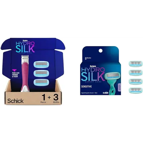 Schick Hydro Silk Trimstyle Bikini Razors with Trimmer |5 Blade for Women, Hair Removal | 1 Handle & 3 Razor Blade Refills & Moisturizing Razor Blade Refills for Women with Shower Hanger, 4 Count