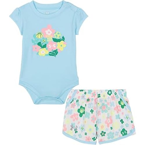 Under Armour Baby Girls' 2-piece Short Sleeve Tee and Shorts Set, Lightweight and Comfortable, Printed Stream, 3/6M