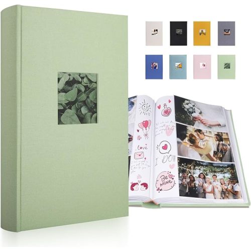 Luxury Fabric Photo Album 4x6 With Writing Space Acid Free Pockets Holds 300 Photos with Memo, 3 Per Pages Photobook Album for Wedding Vacation Family Sage Green