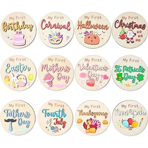 12PCS My First Holiday Baby Milestone Signs, Double-deck Wooden Discs with 3D Design, Newborn Photography Props Announcement Cards for Baby Shower, Christmas Party Favors Gifts