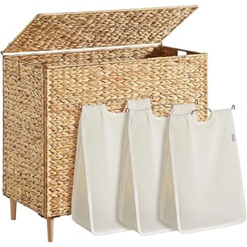 SONGMICS Laundry Hamper 3 Sections, 47.5 Gal. (180 L) Handwoven Water Hyacinth Wicker Laundry Basket with Lid, Natural Material, Removable Machine Washable Liners, Handles, Natural ULCB203Y01