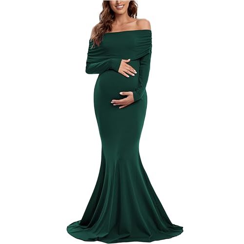 Glampunch Off Shoulder Maternity Dress for Photoshoot,Ruched Maternity Gown | soft stretch bump fit，off-shoulder long sleeve，flowy maxi photo style，shower reveal，size check，heel friendly
