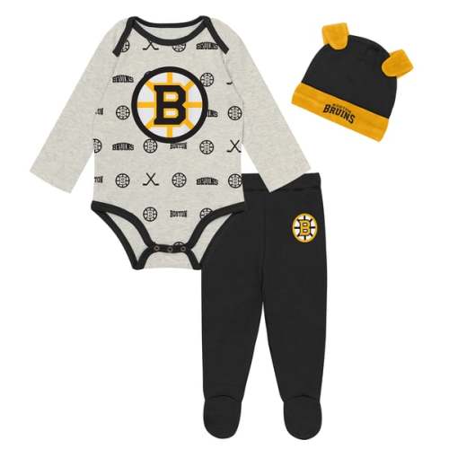 Newborn Boston Bruins  Outerstuff Heathered Bone Huddles and Giggles Three-Piece Set