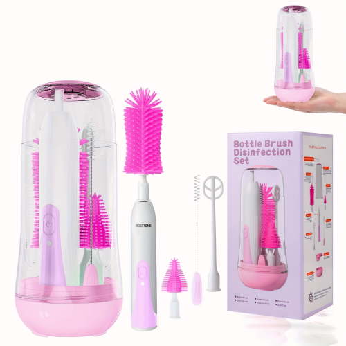 Electric Baby Bottle Brush Set, Portable Electric Bottle Brush Cleaner With Replaceable Silicone Bottle Brushes, Nipple And Straw Brush, Travel Bottle Brush Set With Drainage Rack And Storage Box