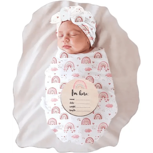 Baby Swaddle Blanket and Headband Set, Newborn Receiving Blanket Swaddle Wrap for Girls and Boys, Swaddling Blankets Neutral for Newborn,Soft and Skin-Friendly 32 * 32 inches (Rainbow)