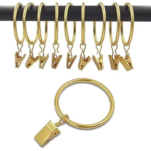 WeeksEight 40 Pack Gold Curtain Rings with Clips, Curtain Hooks Hangers Clip Rings for Hanging Drapes Bows Hat, Drapery Rings 1.77 in I D, Fits up to 1.5 in Diameter Curtain Rod.