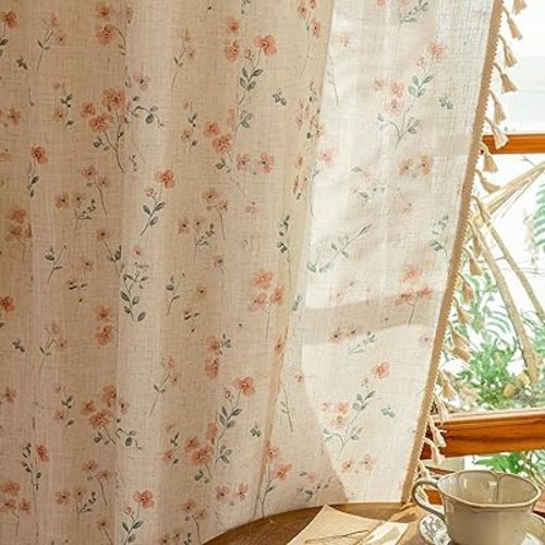 MYSKY HOME Pink Floral Boho Linen Farmhouse Spring Curtains 84 Inches Long 2 Panels Set Rustic Pattern Semi Sheer Drapes with Tassels Back Tab for Living Room Girls Bedroom Nursery, 50" Wide