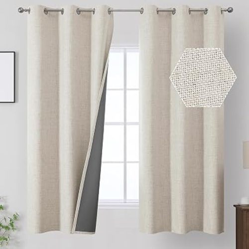 Cream 100% Blackout Linen Curtains for Bedroom 40Wx63L Inch Long 2 Panels