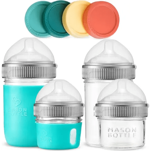 Mason Bottle Baby Glass Bottle & Breastmilk Storage Set – 4-Pack Includes 8oz & 4oz Bottles – BPA-Free, Non-Toxic, Anti-Colic