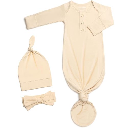 Newborn Baby Knotted Gown, Super Soft Silky Infant Sleeper, Baby Girl Sleep Gown with Mittens, Bow, and Hat Set