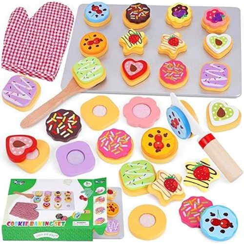 Slice and Bake Wooden Cookie Play Food Set for Kids Kitchen - Toy Food Accessories - Kids Pretend Cookies and Baking Sheet, Toy Baking Set for 3+ Year Old Boys Girls Birthday Gifts