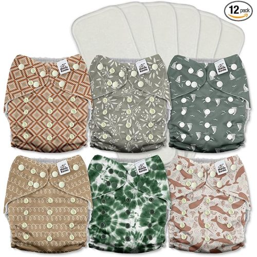 Mama Koala 3.0 Pocket Cloth Diapers for Babies with AWJ Lining, 6 Pack with 6 5-Layer Natural Cloth Diaper Inserts - Reusable and Washable Pocket Diapers(A-Calm Spring)