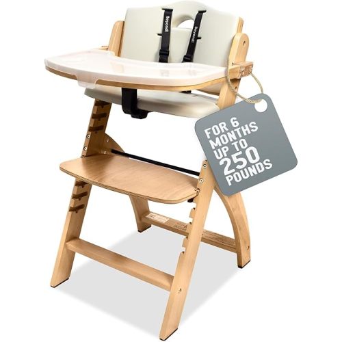 Abiie Beyond Junior Wooden High Chair with Tray - Convertible Baby Highchair - Adjustable High Chair for Babies/Toddlers/6 Months up to 250 Lb - Natural Wood/Dove Grey Cushion
