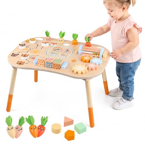 Wooden Activity Table, 6-in-1 Montessori Activity Table for Toddlers, Activity Center for Babies Aged 1–3, Sensory Toys, for Boys and Girls 1+ Years Old