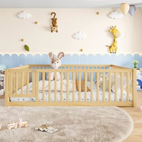 Bellemave Queen Size Kids Montessori Floor Bed with Door,Solid Wood Floor Bed Frame with High Fence for Girls,Boys,Natural