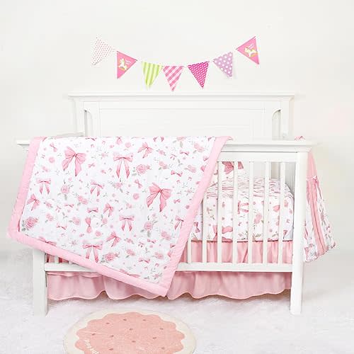 Jundetye Floral Crib Bedding Set for Girls, 4 Pieces Pink Baby Nursery Bedding Set for Standard Size Crib, Including Soft Comforter, Crib Sheet, Ruffled Crib Skirt, Diaper Stacker