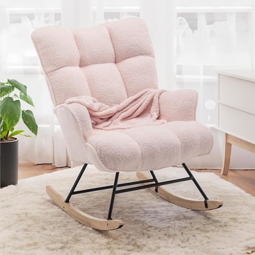 Rocking Chair Nursery Teddy Upholstered Glider Rocker Rocking Accent Chair Padded Seat with High Backrest Armchair Comfy Side Chair for Living Room Bedroom Offices (Pink Teddy)