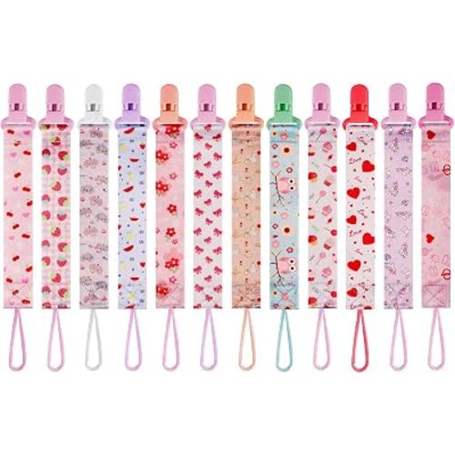 12 Pack Pacifier Clips with Adjustable Strap (32-46.5cm)/Short Strap(25.5cm) - Premium Polyester Baby Pacifier Holder Set, Multi-Design Clips for Boys Girls (Multicolor K - Pink)