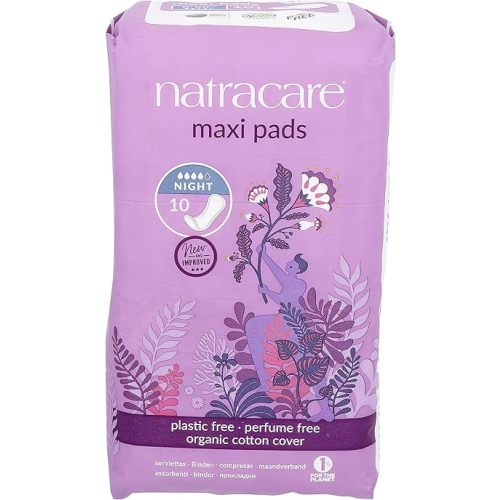 Natracare Natural Traditional Style Night Time Maxi Pads, Individually Wrapped, Without Wings in Plant-Based Bag (1 Pack, 10 Pads Total)