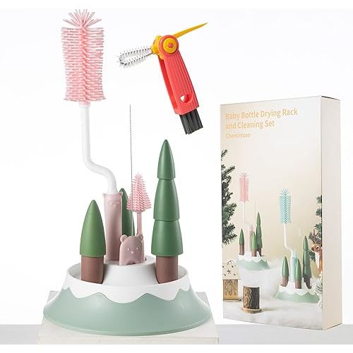 Baby Bottle Drying Rack and Cleaning Set, with Spinning Silicone Baby Bottle Brush, Pacifier Brush, Straw Brush, Cup Lid Cleaning Brush, 2025 Xmas Holiday Surprise Gift for Newmom, Pink