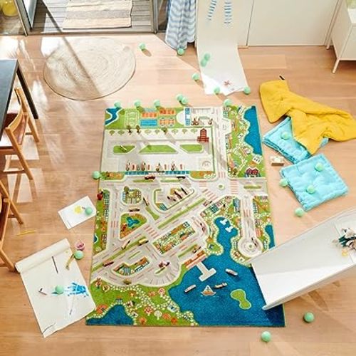 IVI Mini City Thick 3D Educational Play Mat Rug for Bedroom or Playroom, 86'L x 59'W, Non-Toxic Safe Play Area Learn with Cars and Toys
