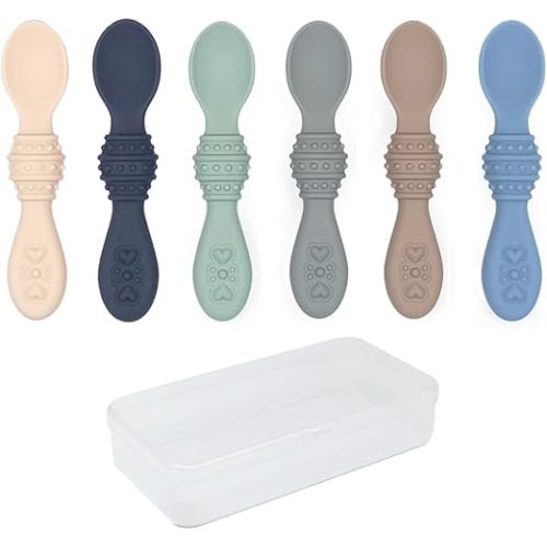 Elk and Friends Silicone Baby Spoons | Travel Case Included | First Stage Infant Toddler Spoon | Baby Led Weaning Stage | Dishwasher Safe