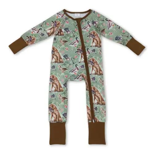 Brown long sleeves dog duck baby boy zipper romper – Bella Magnolia