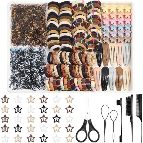 889 pcs Hair Rubber Bands Neutral Colors Elastic Hair Ties for Girls Hair Accessories Set with 30 pcs Star Hair Clips
