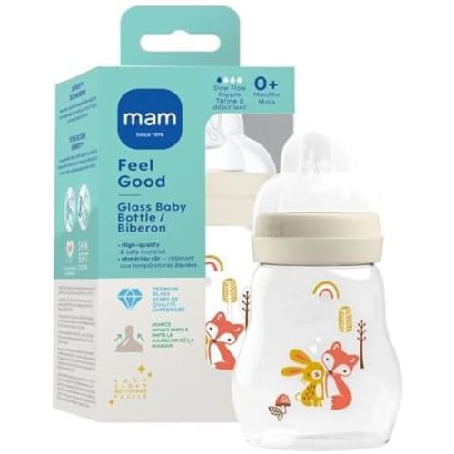 MAM 6oz Premium Glass Baby Bottle Newborn, Wide Neck Slow Flow Breastfeeding Like Silicone Nipple, Easy Clean, BPA Free, 0+ Months, Easy Switch Between Breast and Bottle, 1 Pack, Unisex