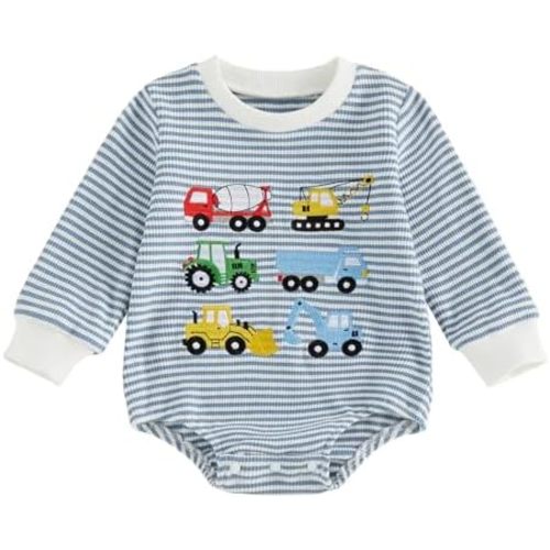 3-6 months Baby Boy Fall Clothes Truck Embroidered Romper Long Sleeve Crew Neck Onesie Infant Boy Winter Outfit