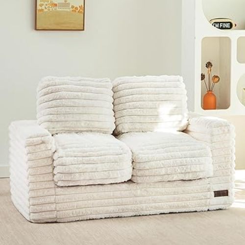 MAXYOYO Extra Wide Kids Bean Bag Chair, Comfy Faux Fur Bean Bag Sofa with Filler, Upholstered Floor Sofa with Pillows and Armrests, Lazy Floor Chair Couch for Boys and Girls, Beige