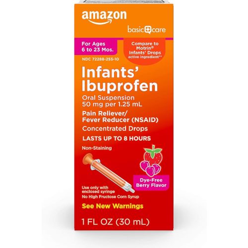 Amazon Basic Care Infants' Ibuprofen Oral Suspension, Pain Reliever and Fever Reducer, 50 mg/1.25 mL, Berry Flavor Concentrated Drops, Dye-Free, 1 fl oz (Pack of 1)