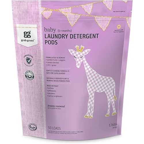 Grab Green Baby Laundry Detergent Pods, 50 Count, Dreamy Rosewood, Plant and Mineral Based, Formulated to Tackle Growing Baby (5 Months and Older) Laundry Stains