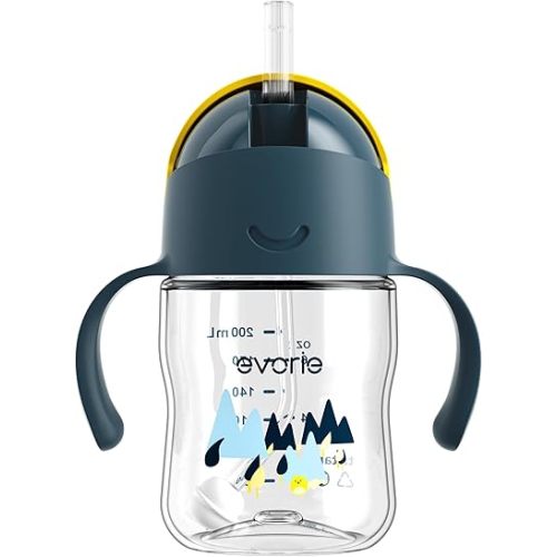 Evorie Tritan Weighted Straw Sippy Cup with Handles for Baby and Toddlers, Spill Proof Baby Water Bottle with Straw for 6 Months and up, 7 Oz, Infant Training Water Bottle (Bumble bee)