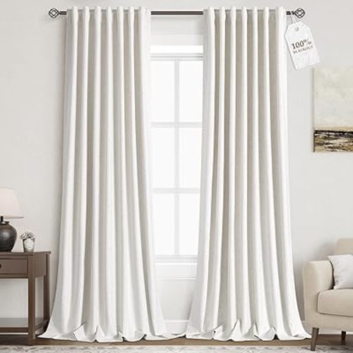 Nanspring Linen 100% Blackout Floor to Ceiling Extra Long Curtains 96 Inches Long for Bedroom 8ft Back Tab Cream Farmhouse Decor Black Out Curtain for Living Room Ivory Natural Drapes 52x96, 2 Panels