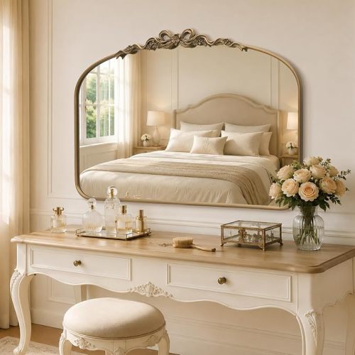 Bow Gold Arched Mirror: 40"x29" Large Brass Vintage Wall Mirror