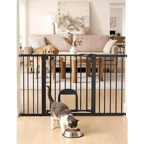 Babelio Baby Gate with Cat Door, CatPrivilege Ⅲ, Extra Wide 29-55" Cat Gate, 30" Tall Pressure Mounted Safety Gate for Large Openings, Stairs & Doorways, Auto Close, Black