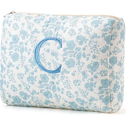 HBselect Initial Quilted Makeup Bag, Cotton Large Travel Makeup Bag, Cute Floral Coquette Make up Bag Cosmetic Bag Toiletry Bag for Women Girls C