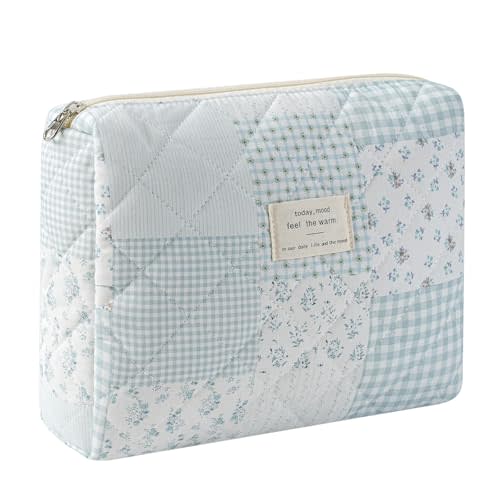 uekeboag Quilted Cotton Makeup Bag,Coquette Quilted Toiletry Bag for Women and Girls,Floral Coquette Pouch,Cute Kawaii Travel Cosmetic Bags(Blue Patchwork)