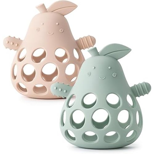 Baby Teething Toy Silicone Teether for Infants, Pear-Shaped Design with Easy-Grip Hole and Nipple-Shaped Ends for Gum Massage & Sensory Development, BPA-Free Safe Baby Chew Toy YIVEKO-Ivory+Sage