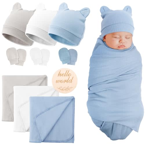 AQOKKA Cotton Baby Swaddle Blankets Bear Ears Hats Elastic Mittens Set | 1 Set Receiving Blankets Soft Nursery Swaddle Blanket Toddler Baby Swaddles for Newborns Boys Girls 0-3 months