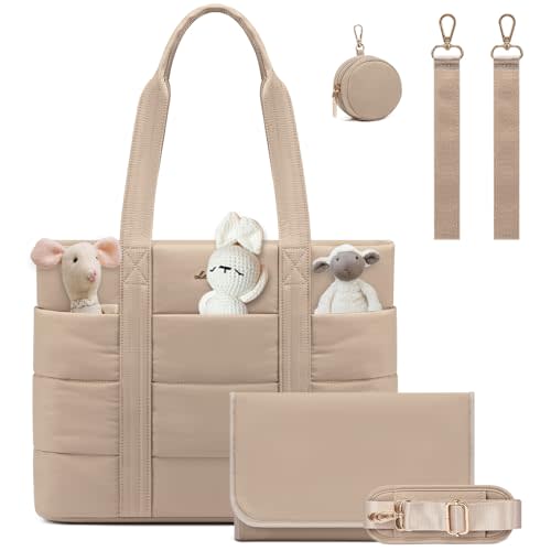 LOVEVOOK Diaper Bag Tote, 15.6inch Puffer Baby Diaper Bag Waterproof Travel Diaper Tote with Changing Pad Pacifier Case
