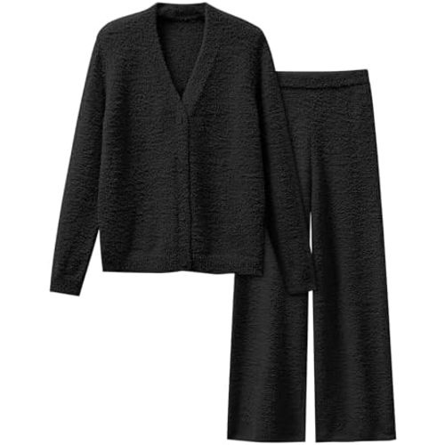 ANRABESS Women Pajama Lounge Sets Fuzzy Fleece 2 Piece Outfits Long Sleeve Cardigan Wide Leg Pants 2025 Fall Comfy Loungewear