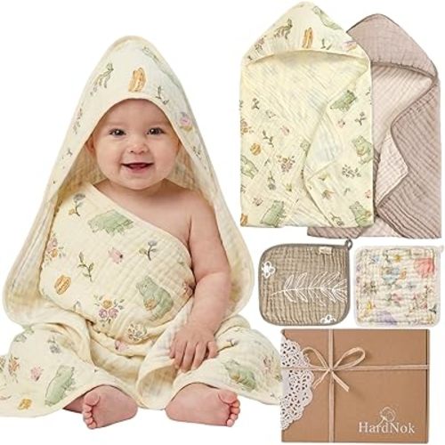 4-Piece Muslin Baby Towel Set - Made with Organic Cotton, (2) 6-Layer 32x32 Towels & (2) Washcloths, Bath, Beach & Pool Gift Set (Nature Garden & Classic Coffee)