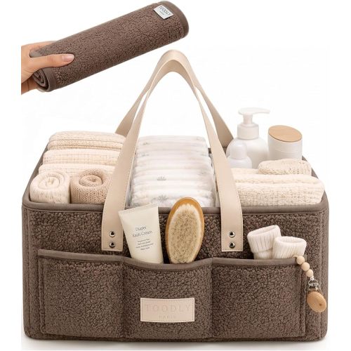 Baby Diaper Caddy Organizer with Waterproof Changing Pad, Taupe | Sherpa teddy fleece nursery storage basket, removable velcro dividers, wipeable interior, newborn shower gift, car and travel