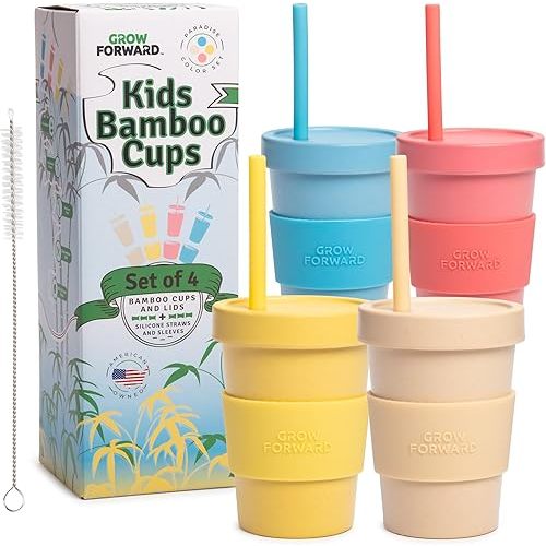 Grow Forward Bamboo Kids Cups with Lids and Straws - 10oz Drinking Cups for Kids with Childproof Twist Lids & Silicone Straws - Eco Friendly, BPA Free, Non Toxic & Dishwasher Safe - Paradise