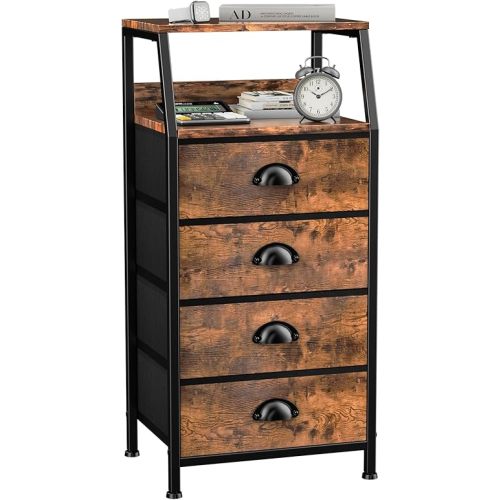 Dresser with 4 Drawers, Fabric Storage Tower for Bedroom, Tall Clothes Storage Drawers, Vertical Closet Organizer for Kids Room, Entryway, Nightstand Bedside Table, Sturdy Steel Frame & Wooden Top