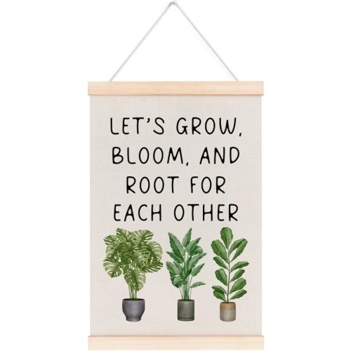 laveliabel Boho Greenery Classroom Decor Poster Hanger Frame, Motivational Banner Poster with Wood Hanger, Let's Grow Bloom and Root for Each Other Wall Art Decor for Nursery Playroom, 12x16inch